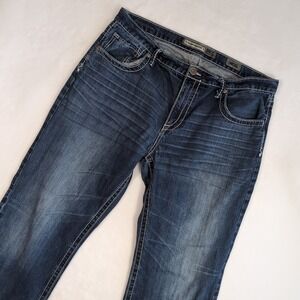 BKE Buckle Tyler Straight Jeans Men 38XL Dark Wash Denim Distressed Whisker Fade